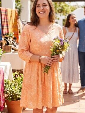 Simply Noelle Women's Peach V-Neck Casual Dress with 3/4 Sleeves Sz S/M